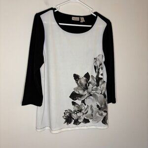 EASYWEAR by CHICO'S 3/4 Sleeve Tunic Womens M Floral Black Gray Stretch Casual